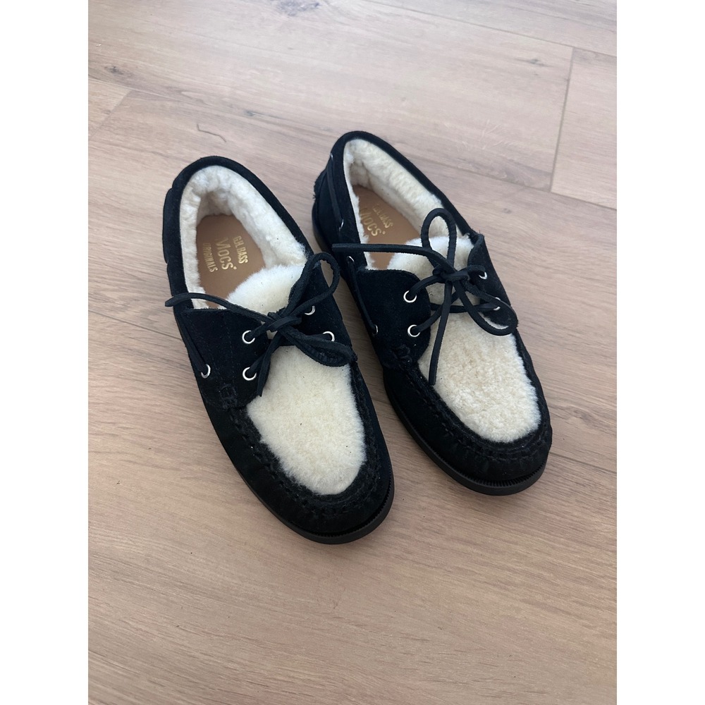 GH Bass Mocs Originals Hampton Shearling Black Suede Boat Shoes size 9